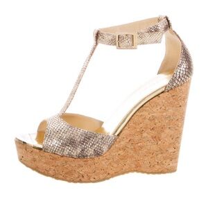 Jimmy Choo Metallic Leather Peep-Toe Wedges Size 9.5/IT 39.5